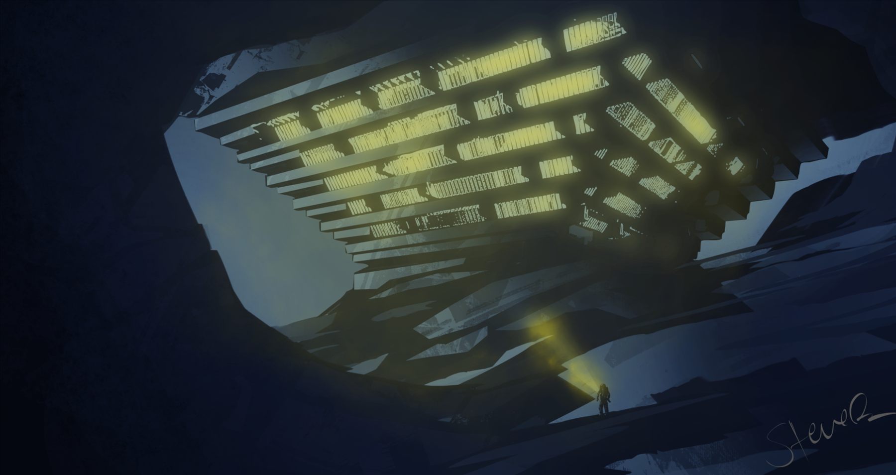A small figure approaches an enormous illuminated structure in a dark, rocky landscape