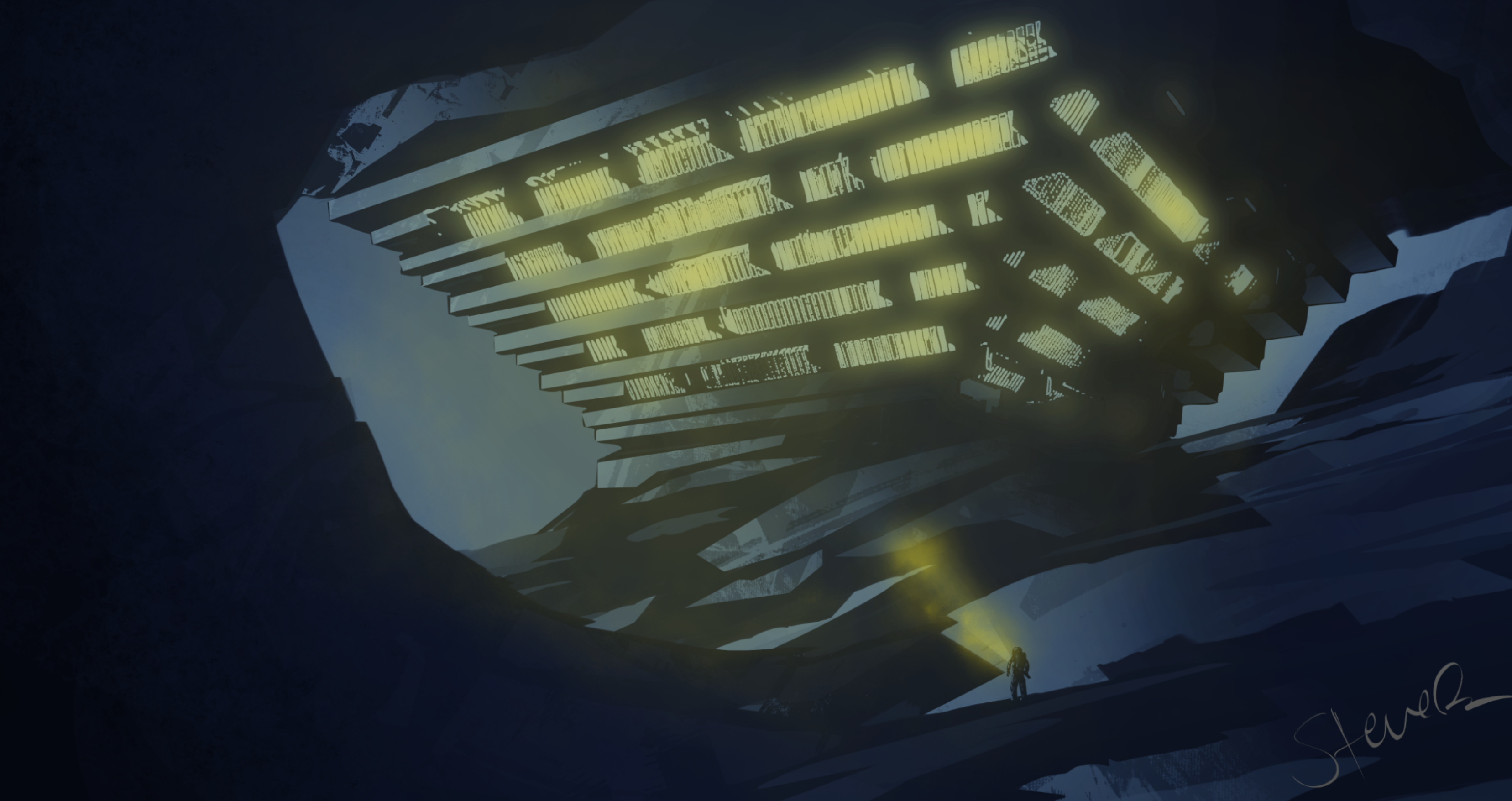 A small figure approaches an enormous illuminated structure in a dark, rocky landscape